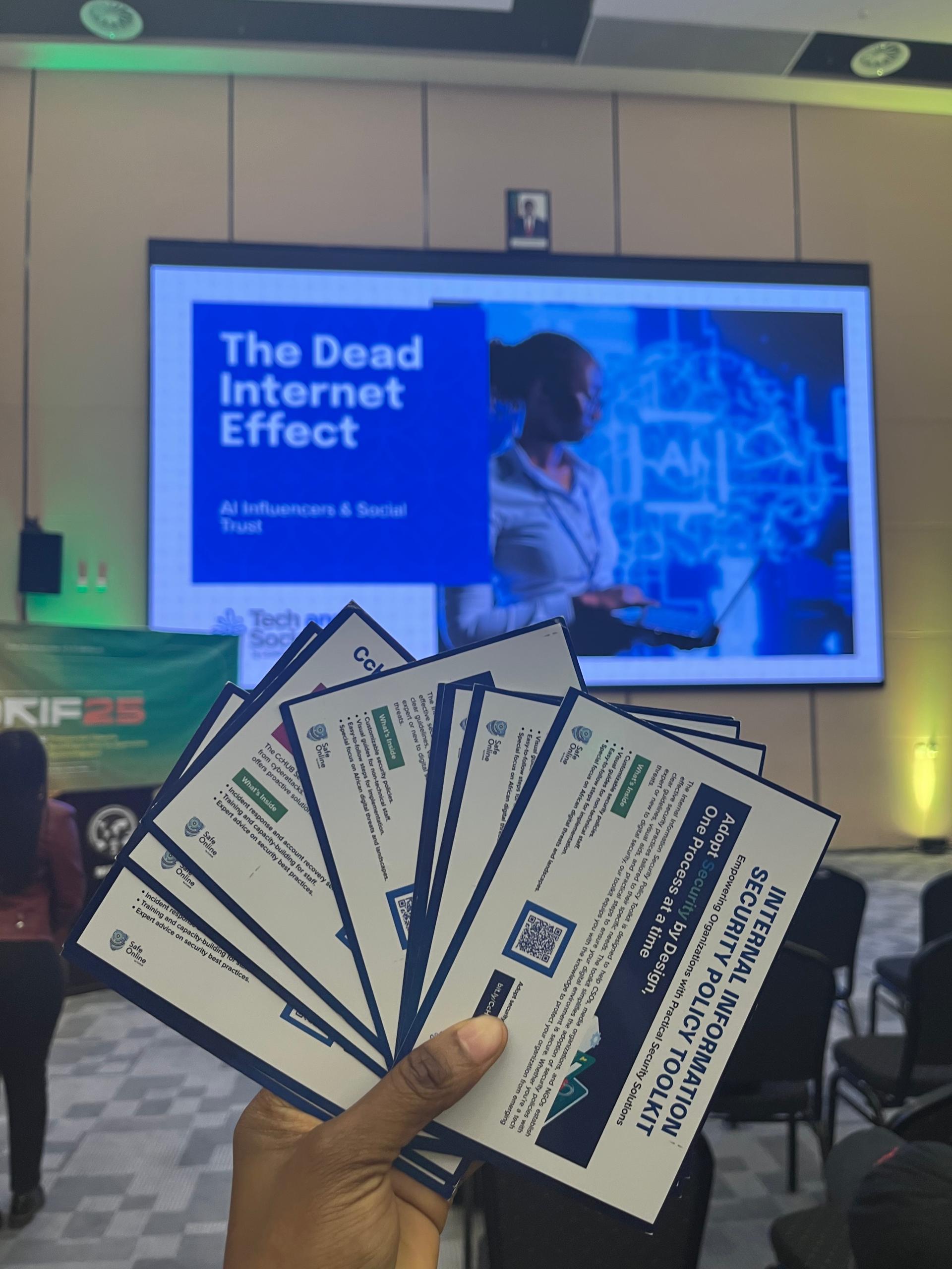 Info cards depicting an internal security toolkit with "the Dead Internet Effect" slide in the background